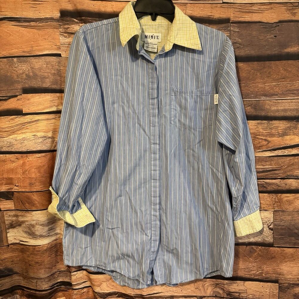 Mixit Womens Medium Blue Yellow Striped Button Up Shirt 100% Cotton Long Sleeve